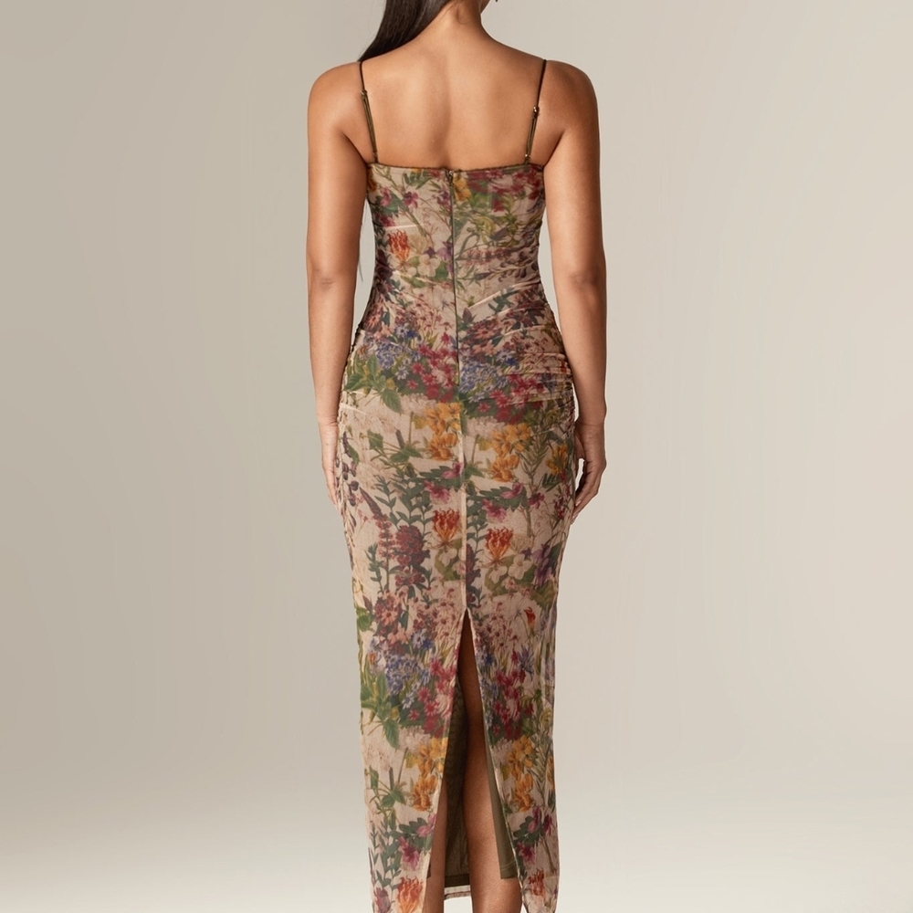 Evita Ruched Mesh Corset Maxi Dress (Garden Muse) Size L - Picture 2 of 16
